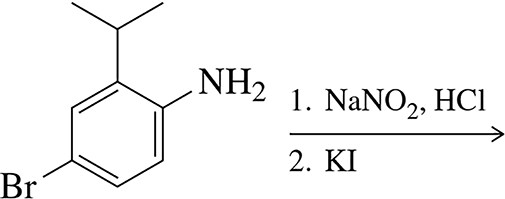 Chemical structure of an aromatic compound with amino and bromo groups, showing reaction conditions and product prediction steps.