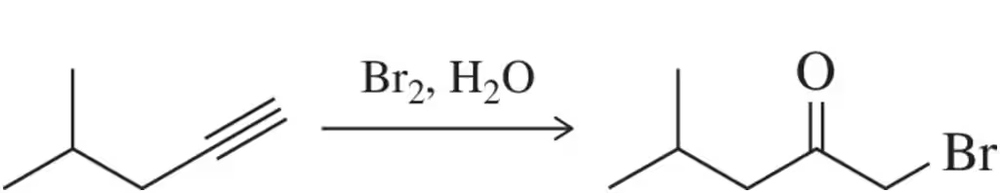 Chemical reaction diagram showing alkyne halogenation with Br2 and H2O producing a bromoketone.