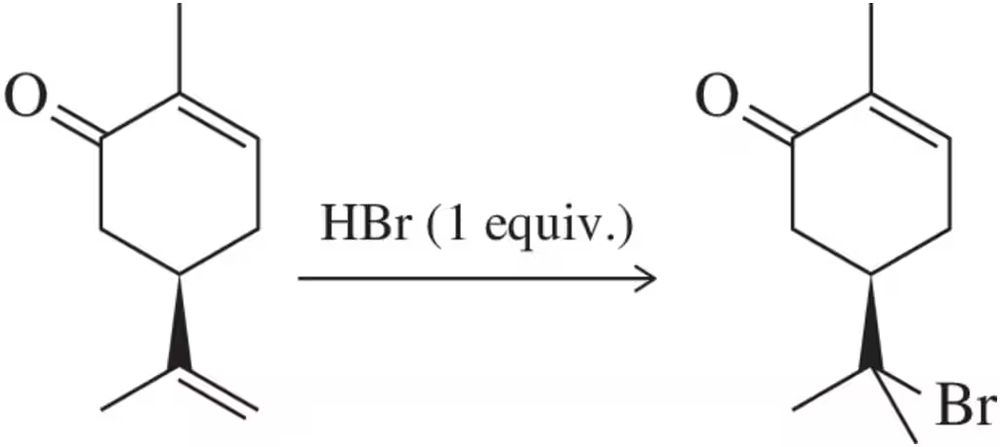 Carvone reacts with HBr to form a single brominated product, despite having two double bonds.