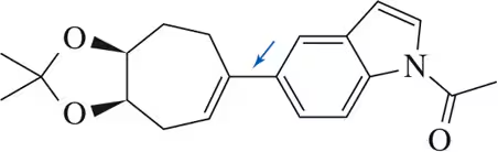 Chemical structure illustrating bonds to be formed, indicated by blue arrows, with organozinc halide and organohalide.