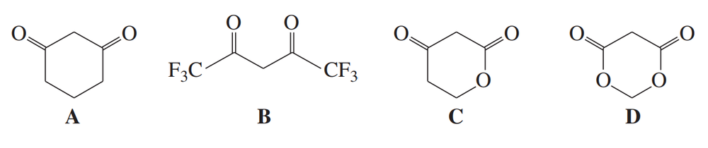 Structures of four dicarbonyl compounds labeled A, B, C, and D, for ranking by acid strength.