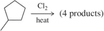 Alkane reacts with Cl2 and heat, forming four products in free radical halogenation.