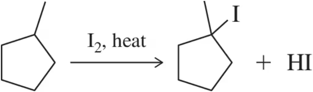 Reaction of cyclohexene with iodine and heat, producing iodocyclohexane and hydrogen iodide.