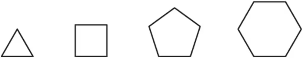Five geometric shapes in a row: triangle, square, pentagon, and hexagon, all outlined in black.