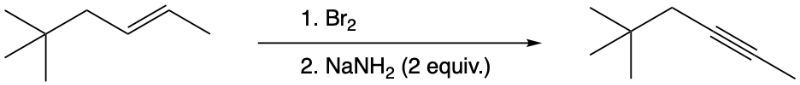 Reaction mechanism for synthesizing an alkyne from an alkene in two steps.