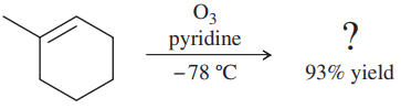 Chemical reaction diagram showing ozonolysis with ozone and pyridine at -78°C, indicating a 93% yield of products.