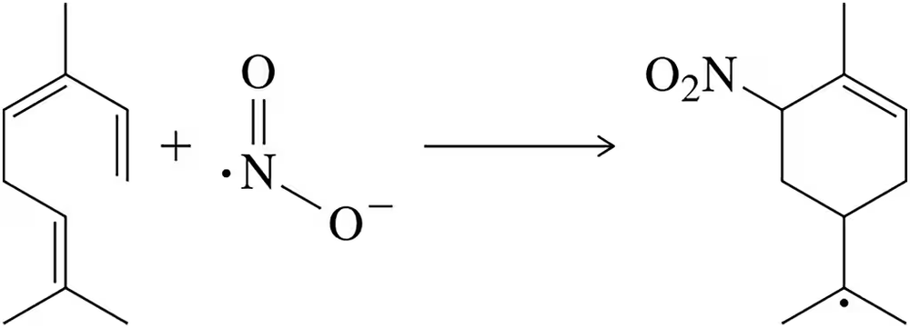 Chemical reaction diagram showing a radical reaction with a benzene derivative and a nitro group.
