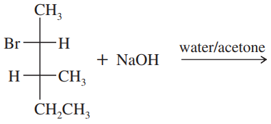 Chemical reaction showing a brominated compound reacting with NaOH in water/aceton, indicating substitution reaction products.