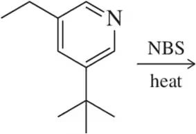 Chemical reaction: pyridine with isopropyl and ethyl groups reacts with NBS and heat for benzylic bromination.