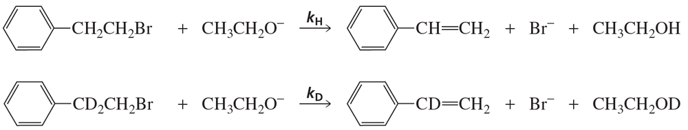 Chemical reactions showing E2 mechanisms with rate constants kH and kD, highlighting bond strength differences.