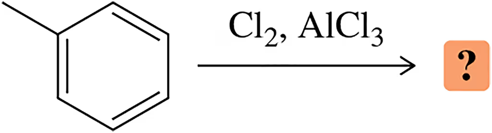 Chemical reaction: toluene with Cl2 and AlCl3, arrow pointing to a question mark, indicating unknown product.