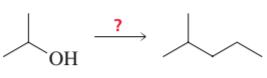Synthesis pathway showing a hydroxyl group and an unknown compound transforming into a branched carbon structure.