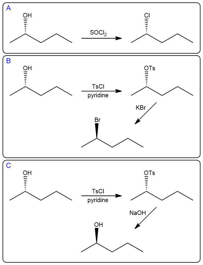 Reaction scheme converting (S)-pentan-2-ol to (S)-2-chloropentane, (R)-2-bromopentane, and (R)-pentan-2-ol.