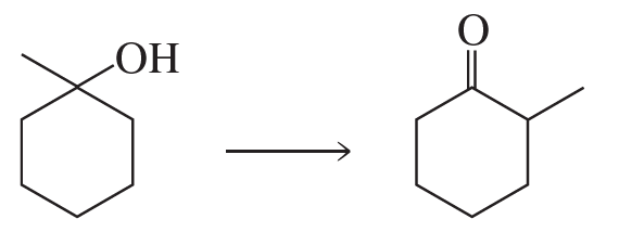 Synthesis reaction showing a compound with an alcohol group converting to a carbonyl compound.