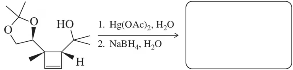 Oxymercuration-reduction reaction scheme with reagents and an empty product box.