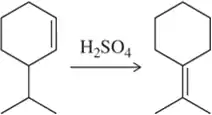 Illustration of acid-catalyzed isomerization of alkenes using sulfuric acid, showing reactants and products.