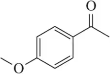 Chemical structure of para-methoxyacetophenone, showing a benzene ring with methoxy and carbonyl groups.