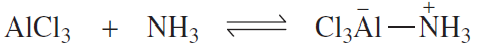 Chemical reaction showing AlCl3 and NH3 forming a complex, indicating nucleophile and electrophile roles.