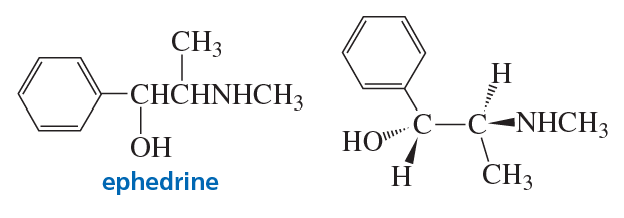 Chemical structure of ephedrine with labels indicating its asymmetric centers and stereochemistry.
