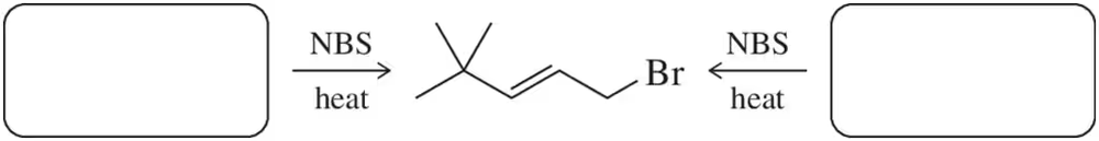 Chemical reaction showing allylic bromination with NBS and heat, forming a brominated alkene from two different alkenes.