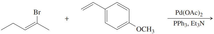 Chemical reaction diagram showing reactants and conditions for the Heck reaction, including structures and reagents.