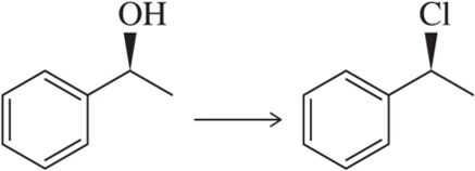 Chemical reaction: benzyl alcohol with OH group converts to benzyl chloride with Cl group, retaining stereochemistry.