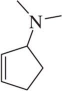 3-D skeletal structure of a nitrogen-containing organic molecule with a pentagonal ring and a nitrogen atom attached.