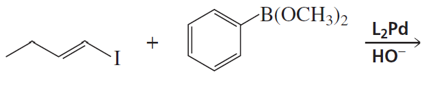 Chemical reaction diagram showing reactants and conditions for the Suzuki reaction, including structures and reagents.