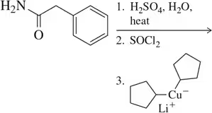 Chemical reaction sequence: amide reacts with H2SO4, H2O, heat, then SOCl2, followed by cyclopentyl lithium cuprate.