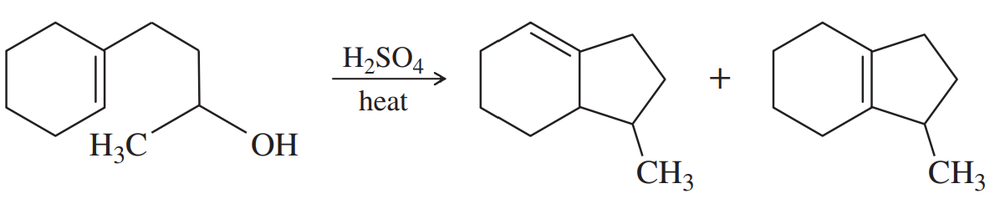 Chemical reaction diagram showing dehydration of an alcohol to form alkenes, with reactants and products labeled.