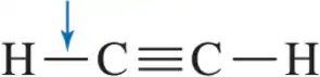 Structural representation of a molecule with a triple bond, indicating bond length comparison.