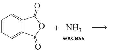 Chemical reaction diagram showing a carboxylic acid derivative reacting with ammonia in excess.