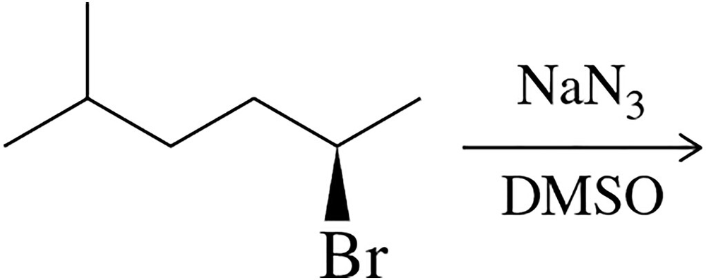 Chemical structure showing a bromine atom with a reaction arrow pointing to sodium azide in DMSO solvent.