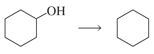 Chemical reaction diagram showing the conversion of a cyclohexanol to cyclohexane with an arrow indicating the synthesis process.