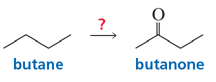 Synthesis of butanone from butane, showing the molecular structures and reaction arrow.