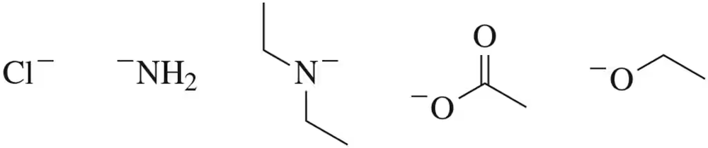 Chemical structures of anions for ranking stability as leaving groups, including Cl⁻, NH₂⁻, N⁻, and two O⁻ species.