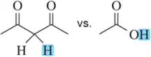 Comparison of two molecular structures highlighting acidic protons, with emphasis on their conjugate bases.