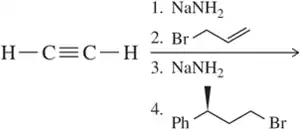 Chemical reaction sequence illustrating acetylide alkylation with sodium amide and bromine, leading to a product with a phenyl group.