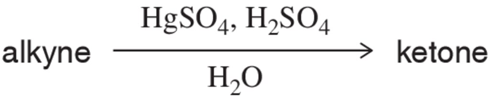 Chemical reaction diagram: alkyne to ketone via oxymercuration using HgSO4, H2SO4, and H2O.