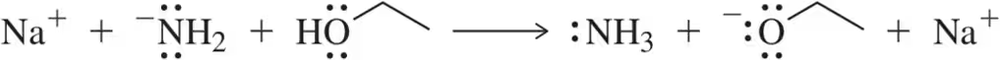 Chemical equation showing sodium amide dissociation into sodium cation and amide ion, illustrating base definitions.