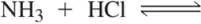 Chemical equation showing the equilibrium between ammonia and hydrochloric acid.