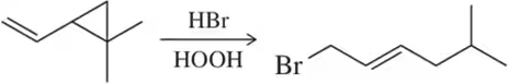 Chemical reaction showing anti-Markovnikov addition of HBr to an alkene, resulting in a brominated alkane.