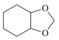 Chemical structure of an acetal with a six-membered ring and two oxygen atoms, indicating functional groups and hydrolysis products.