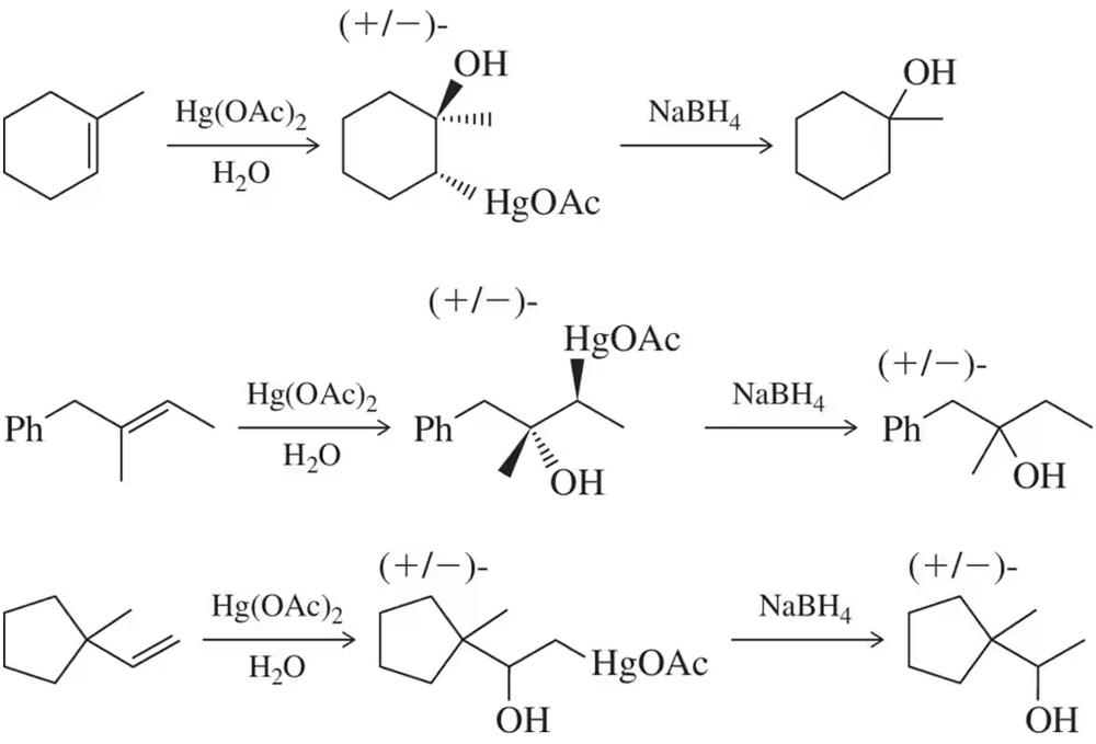 Arrow-pushing mechanism for oxymercuration, showing stereochemical outcomes in three reactions with Hg(OAc)2 and NaBH4.