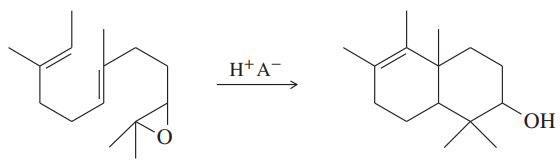 Chemical reaction diagram illustrating acid-catalyzed double cyclization with reactants and products labeled.