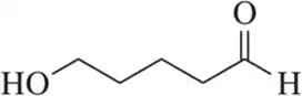 Structural formula of 4-hydroxybutanal, showing a four-carbon chain with an aldehyde and hydroxyl group.