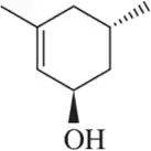 Chemical structure of a cyclohexene ring with a methyl group, a hydroxyl group, and a wedge bond indicating stereochemistry.