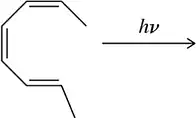 Chemical structure illustrating an electrocyclic reaction with light energy input, showing reactants and reaction arrow.