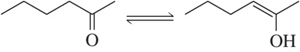 Keto-enol tautomerism reaction showing the equilibrium between a carbonyl compound and its enol form.