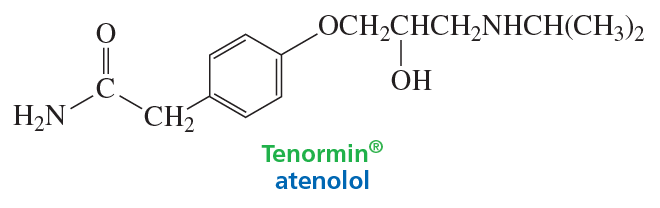 Chemical structure of Tenormin (atenolol) with labeled atoms, highlighting its components and functional groups.